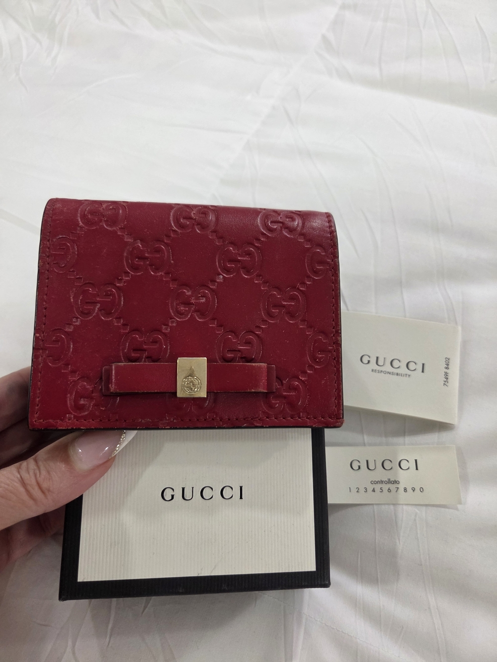 Gucci Red Embossed GG Leather Wallet with Bow and Gold Hardware Excellent Cond